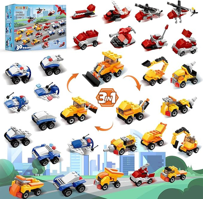 30 Packs Party Favors for Kids - 3 in 1 Mini Cars Building Blocks Toy Include Fire Truck, City Police Car, Construction Vehicle for Classroom Prizes, Christmas Birthday Gift for Boys 6-12