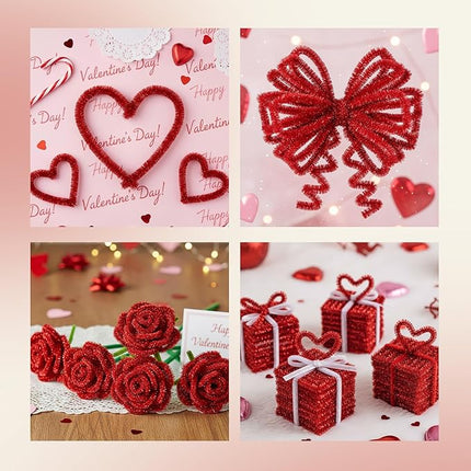 Caydo 200 Pieces Glitter Red Pipe Cleaners,Thick Fluffy Chenille Stems, Pipe Cleaner Crafts for Arts & Crafts, Perfect for Making Animals, Flowers, and Valentine's Day Decorations