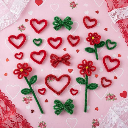 Caydo 200 Pieces Glitter Red & Green Pipe Cleaners, Thick Fluffy Chenille Stems, Pipe Cleaner Crafts for Arts & Crafts, Perfect for Making Animals, Flowers, and Valentine's Day Decorations