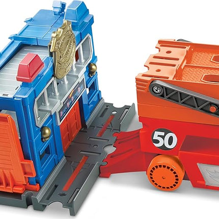 Hot Wheels Toy Car Track Set, Mega Hauler with 6 Expandable Levels, Storage for Up to 50 1:64 Scale Vehicles, Connects to Other Sets & Tracks