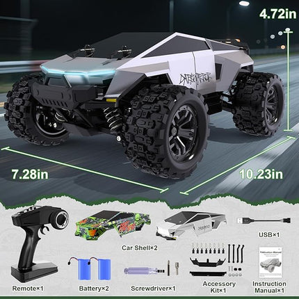 1:18 Scale All Terrain Fast RC Car, 40 KPH High Speed 4WD Electric Vehicle with 2.4 GHz Remote Control, 4X4 Waterproof Off-Road Monster Truck with Two Rechargeable Batteries 60 Min Runtime for Boys 8+