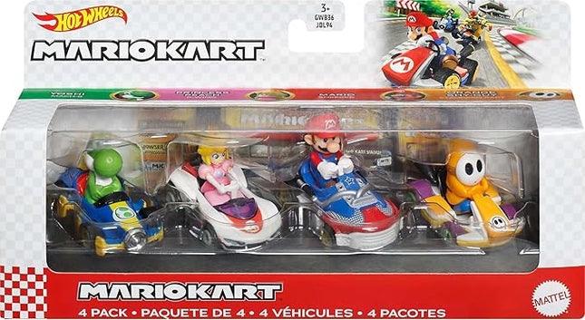 Hot Wheels Mario Kart Vehicle 4-Pack, Set of 4 Fan-Favorite Characters Includes 1 Exclusive Model, Collectible Gift for Kids & Fans Ages 3 Years Old & Up