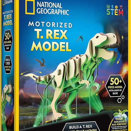 National Geographic Motorized Dinosaur 3D Puzzle - 50-Piece 3D T. Rex Wood Model Kit with Light-Up Motorized Display Base and 8 Light Settings, 3D Puzzles for Kids, Buildable Dinosaur Model