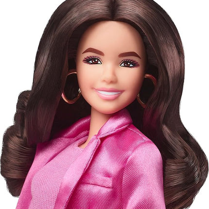 Barbie The Movie Doll, Gloria Collectible Wearing Three-Piece Pink Power Pantsuit with Strappy Heels & Golden Earrings