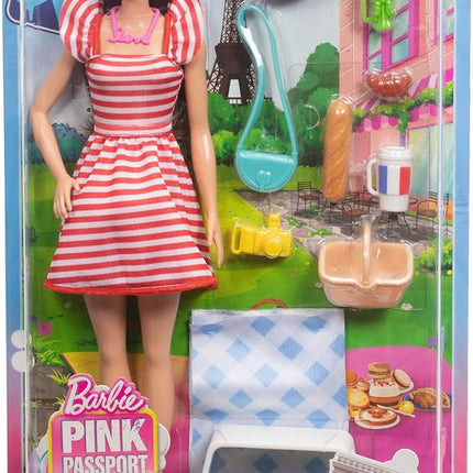 Barbie Pink Passport Paris Doll Set With Clothes & Picnic Accessories, Includes Brunette Doll
