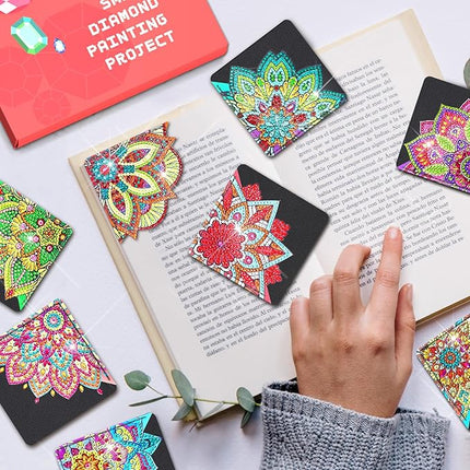 8 PC Diamond Art Corner Bookmarks Leather Book Mark Kit for Adults Paint by Dots Bookmarkers Valentines Day Diamond Art Craft DIY Gem Small Dotz Gifts for Women Mandala Flower Black Lotus