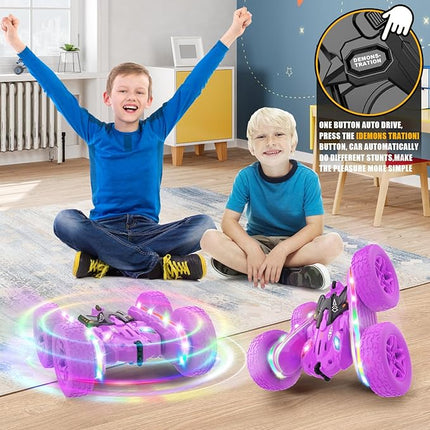Remote Control Cars for Girls, 2.4GHz RC Stunt Car with 360° Flips & Double Sided Driving, LED Strip Lights and Headlights, Changeable Wheels, Birthday Gift for 5-12 Year Old Girls (Purple)