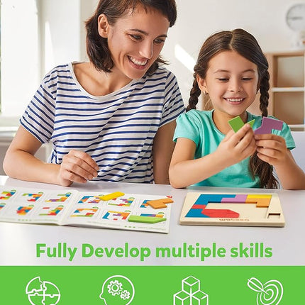 Coogam Wooden Puzzle Blocks Geometric Tangram Brain Teasers Jigsaw 3D Logic IQ Game Colorful Shape Pattern Montessori STEM Educational Toys Gift 60 Challenges for All Age