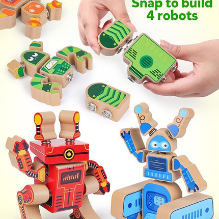 Coogam Fine Motor Building Robot Blocks for 3 4 5 Years Old Kids, Wooden Snap Together Builders, STEM Take Apart Robot Playset, Educational Learning Toy Gift for Boys Girls