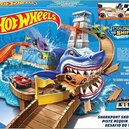 Hot Wheels Toy Car Track Set, Color Shifters Sharkport Showdown, 1:64 Scale Car with Repeat Color-Change Feature