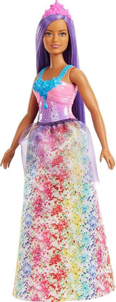 Barbie Dreamtopia Royal Fashion Doll with Curvy Body, Purple Hair & Sparkly Bodice Wearing Removable Skirt, Shoes & Headband Accessory