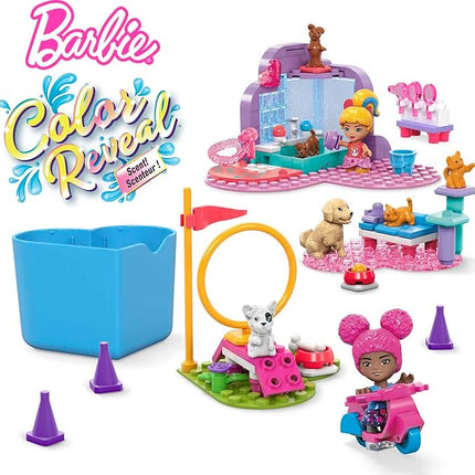 MEGA Barbie Color Reveal Kids Building Toy Set, Train 'n Wash Pets with 152 Pieces, 2 Micro-Dolls and Accessories, Ages 5+ Years