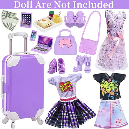 17 Pcs Doll Clothes and Accessories Suitcase Travel Set - Miniature Laptop Computer Tablet Phone, Suitcase,Backpack Bag,Clothes Set,Shoes,Telescope,Dollars,Omelette Toast Set for 11.5" Doll