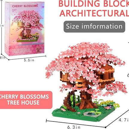 Cherry Blossom Tree Building Block Set Gift for Adults Girls Boys 14+, Cherry Bonsia Treehouse Micro Building Blocks, Japanese Sakura Flowers House 2028PCS