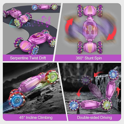 Gesture Sensing RC Stunt Car, Boys Girls Ages 6-12 Birthday Gift Ideas, 4WD Transform Off Road for Rotating Hand-Controlled 2.4Ghz Remote Control Twist Cars with Lights and Music Purple