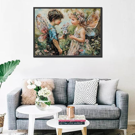 1000 Piece Angel GILR Flowers Jigsaw Puzzle Pixie Boy Wings Jigsaw Puzzles for Adults Elfin Garden Home Decoration Family Puzzle Perfect for Game Nights Ideal Gift Choice 20 x 27 Inch