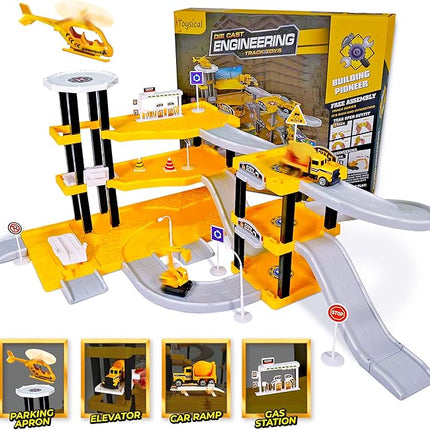 Toysical Construction Playset - Complete Parking Garage Toy Playset with Vehicles, Helicopter, Mini Figures, Road Setup, Floor Map - Construction Toys for Boys and Girls - Boys Toys Age 4-6