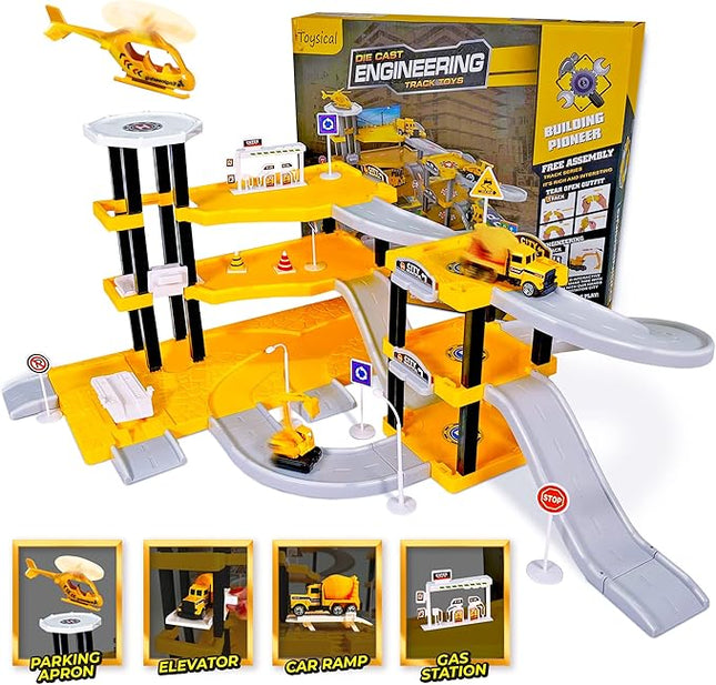 Toysical Construction Playset - Complete Parking Garage Toy Playset with Vehicles, Helicopter, Mini Figures, Road Setup, Floor Map - Construction Toys for Boys and Girls - Boys Toys Age 4-6