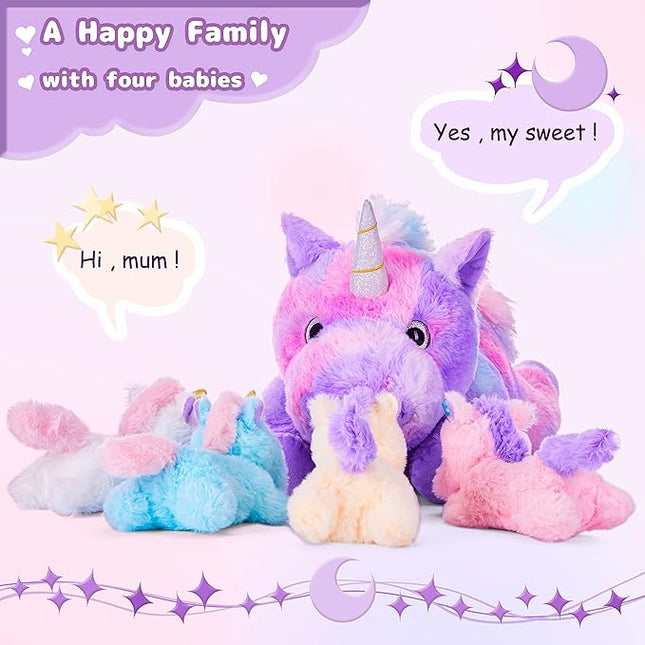 IKASA Mommy Unicorn Toys for Girls Age 4-6，Mom and Baby Stuffed Animal Plush Toy,Small Family Set Toy with Little Babies,Gifts for Kid (Unicorn,18")