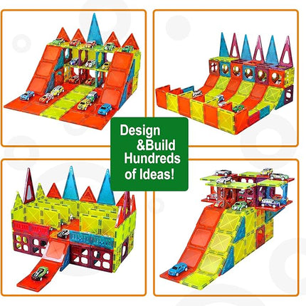 Magnetic Tiles Parking Building Playset with 10 Pull-Back Metal Cars for Kids Construction STEM Toy Preschool Creativity Learning Birthday Gift for Girls Boys Toddlers 3 4 5 6 7 8