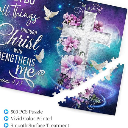 Christian Jigsaw Puzzles 500 Pieces for Adults, Shining Cross & Philippians 4:13 Bible Verse, Uplifting Religious Wooden Puzzle, Faith-Based Gift