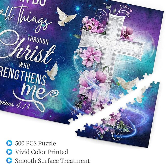 Christian Jigsaw Puzzles 500 Pieces for Adults, Shining Cross & Philippians 4:13 Bible Verse, Uplifting Religious Wooden Puzzle, Faith-Based Gift