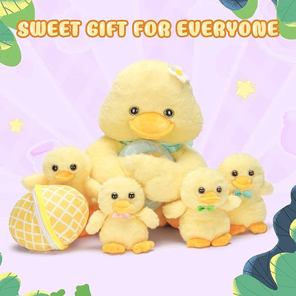 IKASA Mommy Duck Stuffed Animal Mom and Baby Plush Toy, Cute 13.5 inches Soft Small Mama Family Set Cuddly Toy with Little Mini Babies,Gifts for Kids