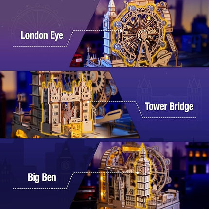 ROKR Marble Travel London, 3D Wooden Puzzles for Adults, Marble Run Kit Adults to Build, 3D Wooden Puzzle with LED, Unique Gift for Men Women