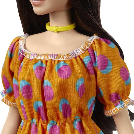Barbie Fashionistas Doll #160 with Long Brunette Hair Wearing Patterned Orange Dress, White Shoes & Yellow Choker, Toy for Kids 3 to 8 Years Old
