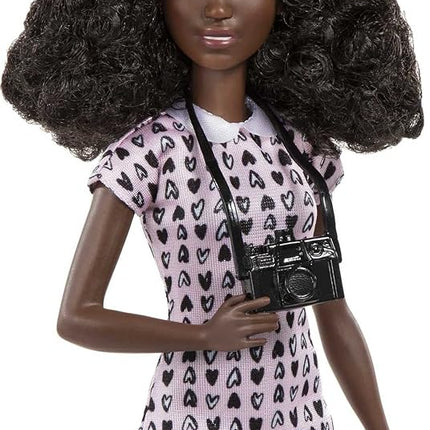 Barbie Careers Fashion Doll & Accessories, Photographer with Petite Body Type Wearing Removable Heart-Print Dress with Camera & Puppy