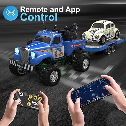 MOONTOY 1:64 Scale Mini Alloy Truck RC Car with LED Lights, 2.4Ghz Remote and App Control Toy Car, 3-Speed Adjustment Pocket Toy Car for Kids 4-8 Years and Adults (Blue)