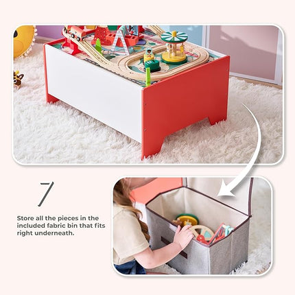 Teamson Kids Wooden Train Table – Carnival-Themed Amusement Park Playset with Ferris Wheel, Carousel & Train Track – Interactive Toy for Toddlers with Storage – Ages 3+