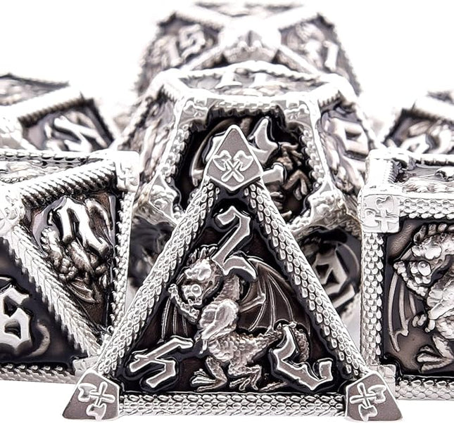 AUSTOR 7-Die Metal DND Dice Set Dungeons and Dragons Polyhedral Roll Playing Dice with Box D20 D12 D10 D% D8 D6 D4 for Pathfinder MTG RPG Board Games