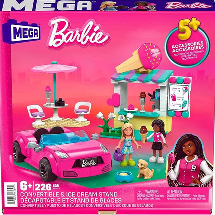 MEGA Barbie Kids Building Toy Set, Convertible & Ice Cream Stand with 226 Pieces, 2 Micro-Dolls and Accessories, Pink, Ages 6+ Years
