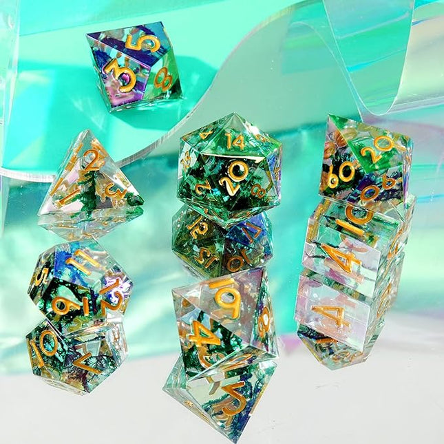 YEMEKO Coral DND Dice Set-Laser Rainbow Dice with Iridescent Iconic Coating for Dungeons and Dragons,Polyhedral with Resin Sharp Edge for RPG, MTG Table Games（Coral ）