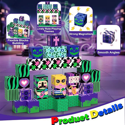 Music Animals Theme Magnetic Building Blocks Travel Toys Set with Portable Metal Tin for Kids Boys & Girls Ages 3+, 35PCS STEM Learning Magnetic Cubes for Toddlers 3-5,Birthday Gifts, Classroom Prizes