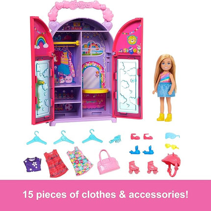 Barbie Chelsea Doll & Closet Toy Playset with 15 Pieces Clothes & Accessories Included, Foldable Set for On-The-Go Play & Storage