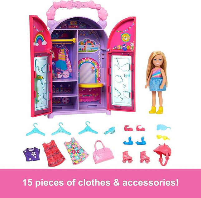 Barbie Chelsea Doll & Closet Toy Playset with 15 Pieces Clothes & Accessories Included, Foldable Set for On-The-Go Play & Storage