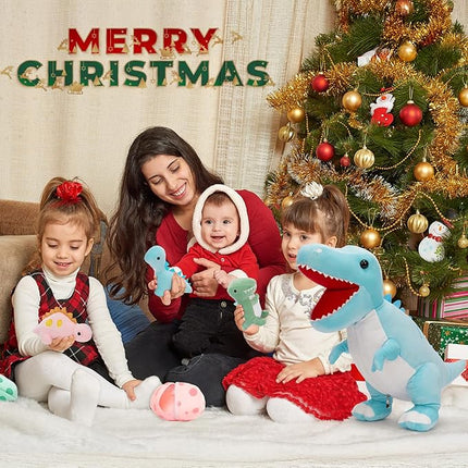 MorisMos Dinosaur Stuffed Animal with Babies,23.6'' Big Mommy Stuffed Dino T-rex with 3 Baby Dino Stuffed Toys & 3 Eggs Plush Inside Belly, Boy Girl Dinosaur Toys for Kid 3-5,Blue T-rex Toys Gift