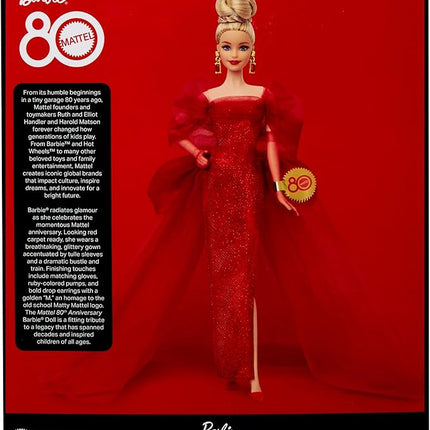 Barbie Signature Doll, Mattel 80th Anniversary Collectible in Glittery Red Tulle Gown with Drop Earrings and Sheer Gloves, Blonde Hair