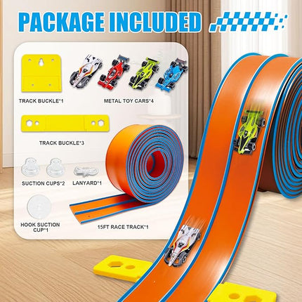 Flexible Race Track Toys for Kids 15 Ft with 4 Cars & Suction Cups, Portable Double Lane Racetrack Compatible with Hot Wheels & 1/64 Diecast Cars, Fun Car Ramp Track Set for Ages 3+(Orange & Blue)