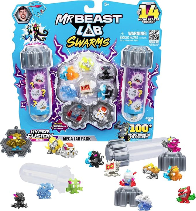 MrBeast Lab Swarms Series 3, Hyper Fusion Series, 14 Pack Collectible Micro Beasts, 14 Collectible Stickers & 4 Fusion Caps to Build Out Your Own MrBeast Lab - Steel Slushee
