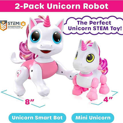 Power Your Fun Robo Pets Unicorn Toy 2pk Set - Unicorns Gifts for Girls and Kids (1) Unicorn Robot STEM Toy with Interactive Hand Gestures or Remote Control to Move and (1) Mini Automated Smart Robot