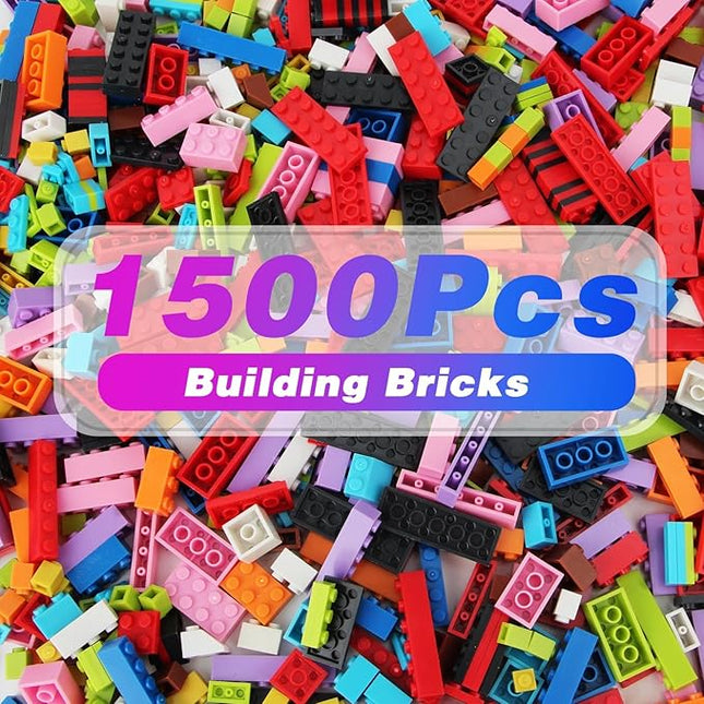 1500 Pieces Building Bricks, Classic Bulk Building Bricks Set Creative Building Toy Compatible with All Major Brands - 16 Shapes / 10 Colors