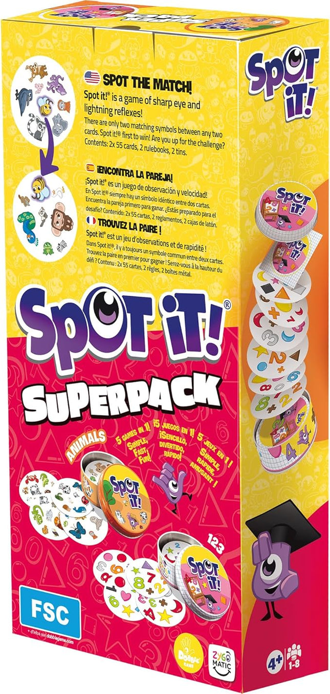 Asmodee Spot It! Super Pack Kids (2024 Refresh) Eco Big Box - Includes Animals and 1,2,3 Editions, Family Card Game Bundle for Quick Reflexes! Ages 6+, 2-8 Players, 10 Minute Playtime