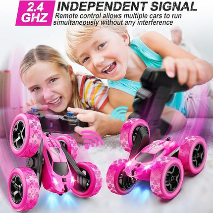 RC Cars, Rose Remote Control Car for Girls, 2.4 GHZ Double Sided RC Stunt Car 360° Rotating Remote Control Crawler with Headlights Car Toys for 6 7 8 9 10 11 12 Girls Birthday Gift