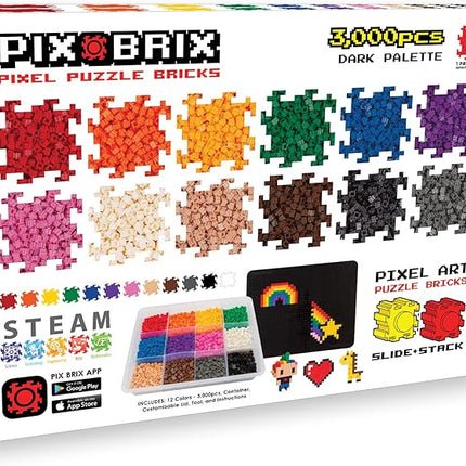 Pix Brix Pixel Art kit Puzzle Bricks - 3,000 Piece Pixel Art Container, 12 Color Dark Palette - Interlocking Building Bricks, Create 2D and 3D Builds Without Water or Glue - Stem Toys, Ages 6 Plus