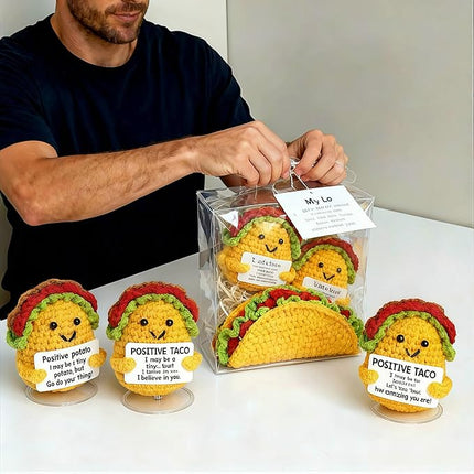 Mini Positive Cute Funny Life Potato and Taco Crochet Emotional Support Crochet Knitted Holding Card Crochet Birthday Christmas Girls Gifts Party Office Desk Decor