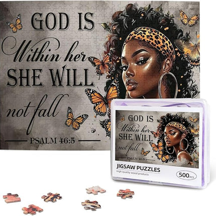 African American Jigsaw Puzzles 500 Pieces for Adults, Psalm 46:5 Bible Verse, Inspirational Black Woman Wooden Puzzle for Stress Relief & Home Decor