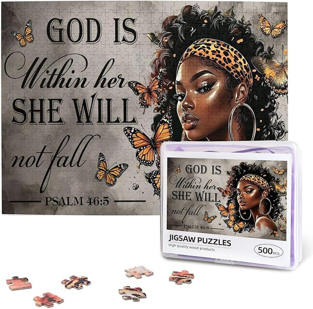 African American Jigsaw Puzzles 500 Pieces for Adults, Psalm 46:5 Bible Verse, Inspirational Black Woman Wooden Puzzle for Stress Relief & Home Decor